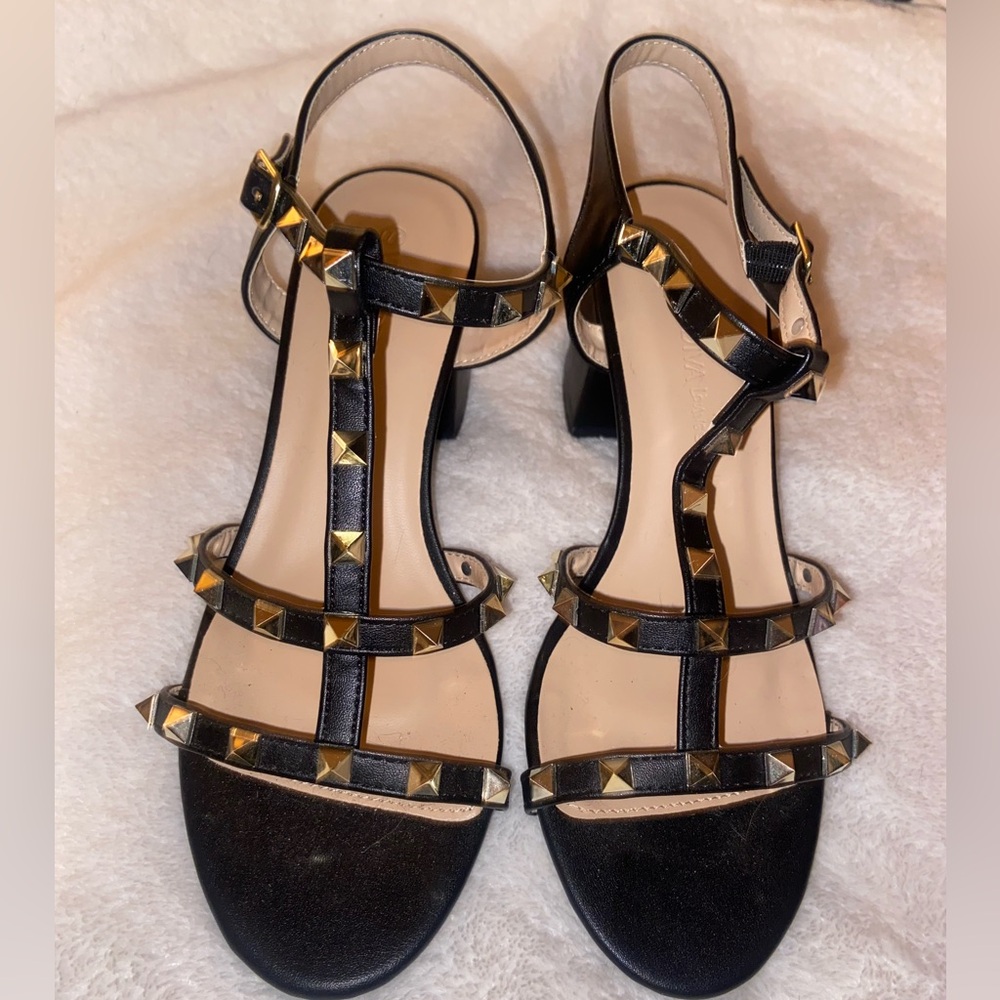 Black Studded T-Strap Block Heel Sandals